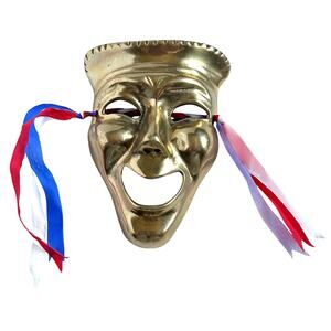 Solid Brass Theatre Mask Comedy Tragedy Face with French Ribbons 5"